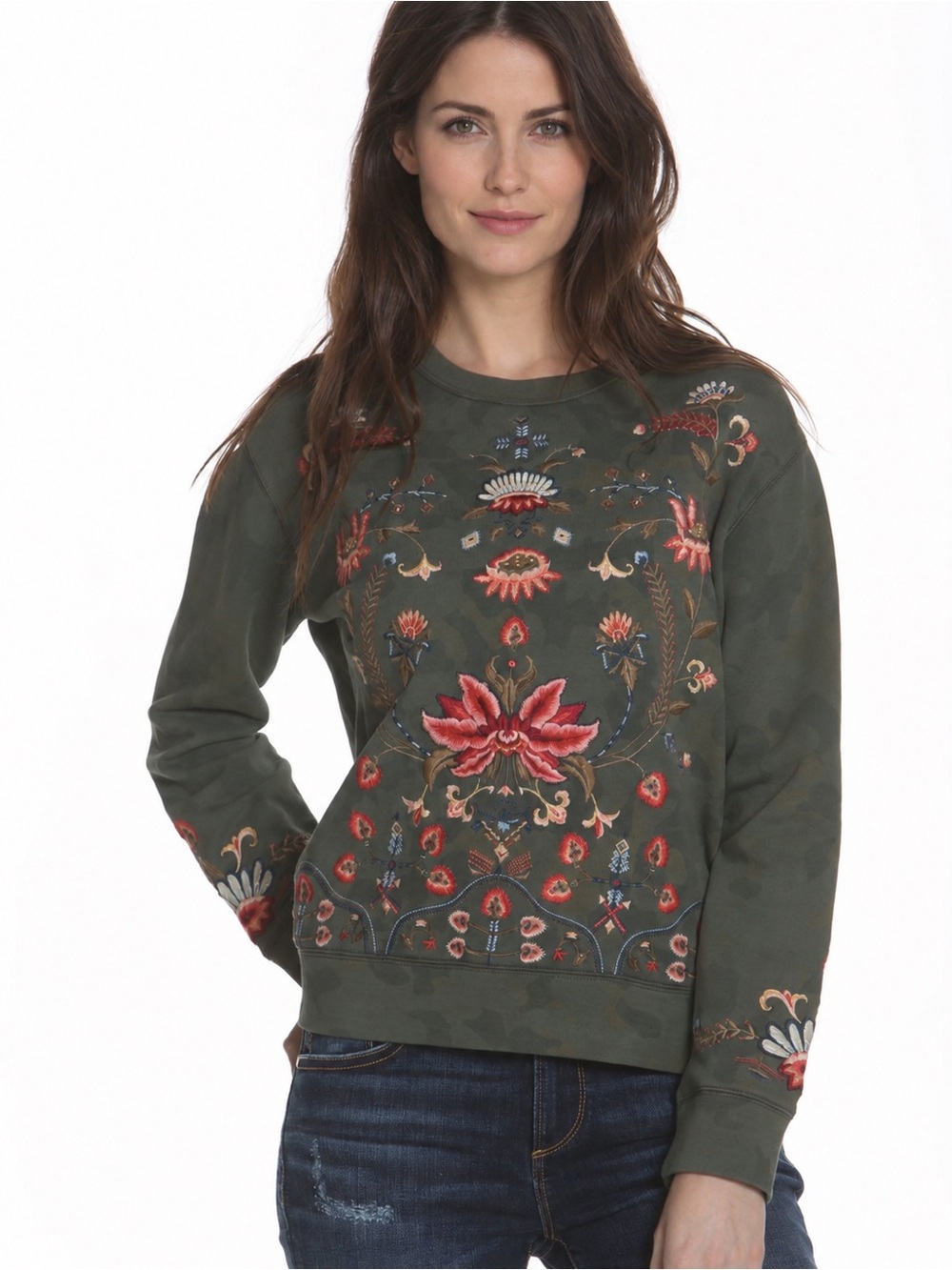 Driftwood Teddy Floral Embroidered Camo Sweatshirt Size M